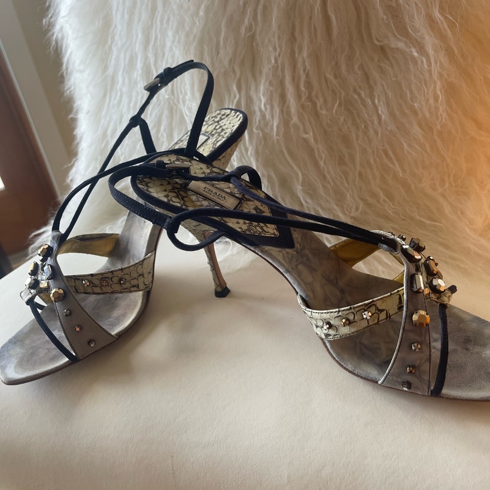 Vintage Prada Women's Strappy Heels - Black and Gold - Picture 4 of 16